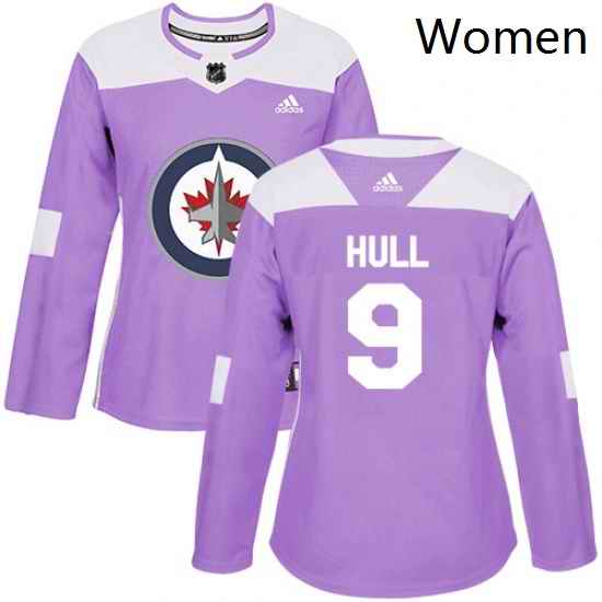 Womens Adidas Winnipeg Jets 9 Bobby Hull Authentic Purple Fights Cancer Practice NHL Jersey